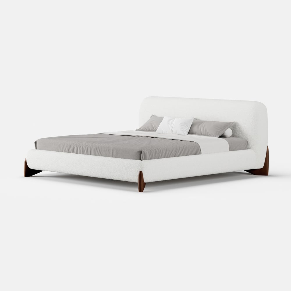Curva White Boucle Platform King Size Bed & Bedroom Bench Set window image