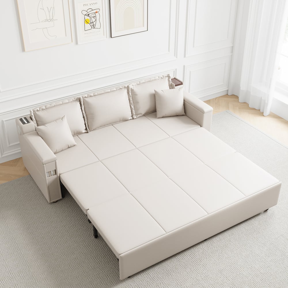 Questions et Réponses pour Canapé convertible de 2100 mm avec lit complet et rangement rembourré en cuir avec haut-parleur