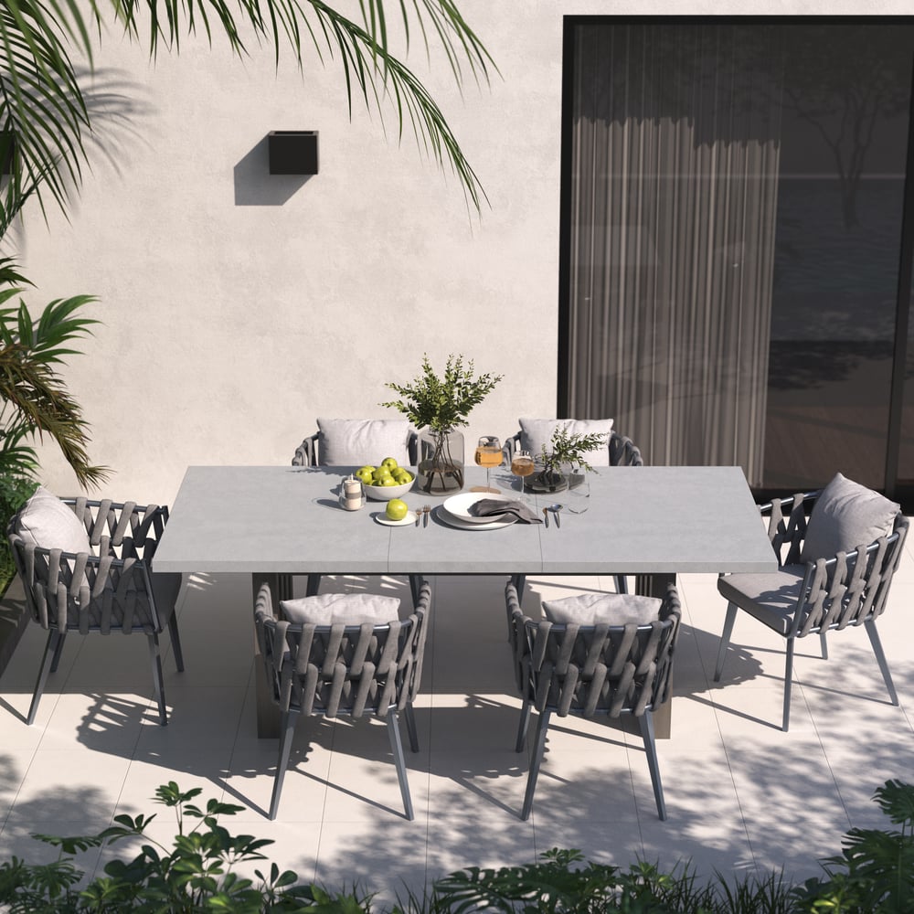 Perguntas e respostas para Conjunto de jantar de jardim de alumínio de 7 peças com mesa extensível e poltrona de tecido