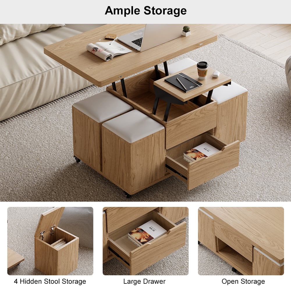 1000mm Lift-Top Foldable Natural Coffee Table with 4 Stools & Storage