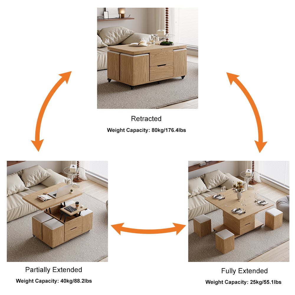 1000mm Lift-Top Foldable Natural Coffee Table with 4 Stools & Storage