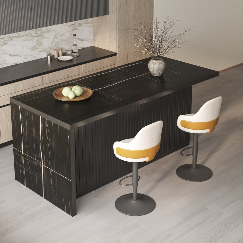 Vragen en antwoorden voor Modern keukeneiland van 1830 mm met 2 barkrukken met witte rugleuning