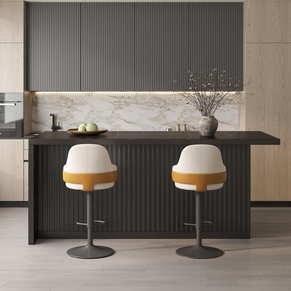 Vragen en antwoorden voor Modern keukeneiland van 1830 mm met 2 barkrukken met witte rugleuning