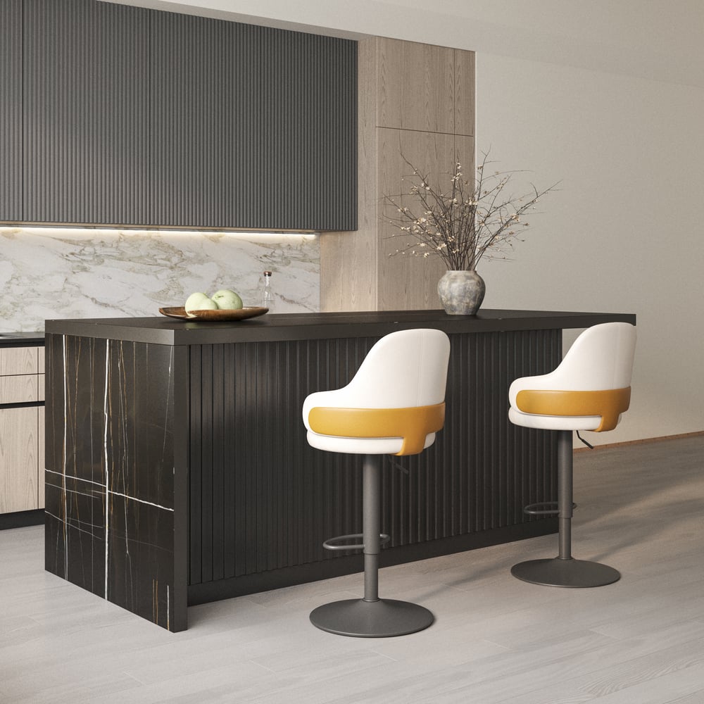 Vragen en antwoorden voor Modern keukeneiland van 1830 mm met 2 barkrukken met witte rugleuning