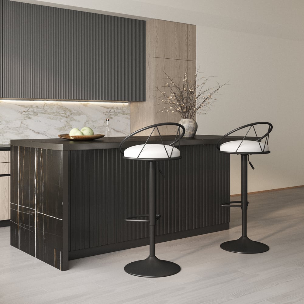 Questions et Réponses pour Îlot de cuisine moderne de 1830 mm avec 2 tabourets de bar en cuir PU avec dossier