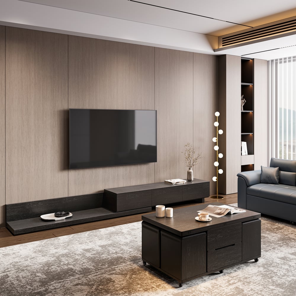 Questions et Réponses pour Meuble TV extensible rectangulaire en bois et ensemble de table basse noire à plateau relevable avec rangement