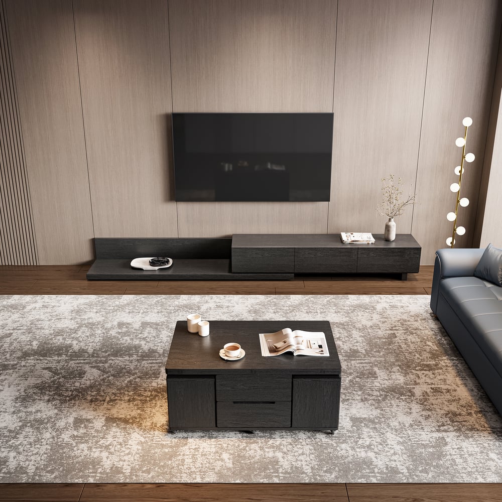 Questions et Réponses pour Meuble TV extensible rectangulaire en bois et ensemble de table basse noire à plateau relevable avec rangement