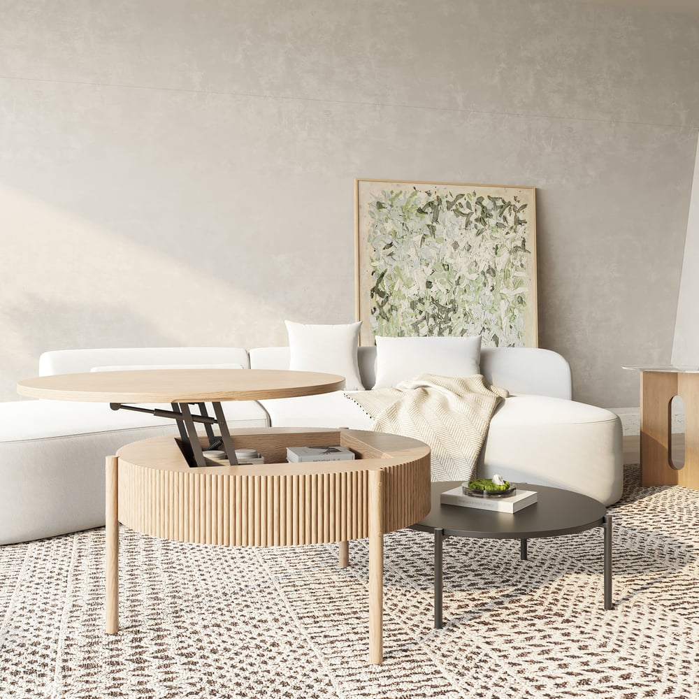 Questions et Réponses pour Ensemble de tables à café naturelles emboîtables rondes avec dessus relevable (600-750 mm)