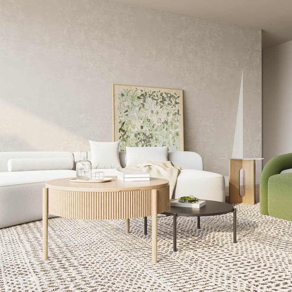 Questions et Réponses pour Ensemble de tables à café naturelles emboîtables rondes avec dessus relevable (600-750 mm)