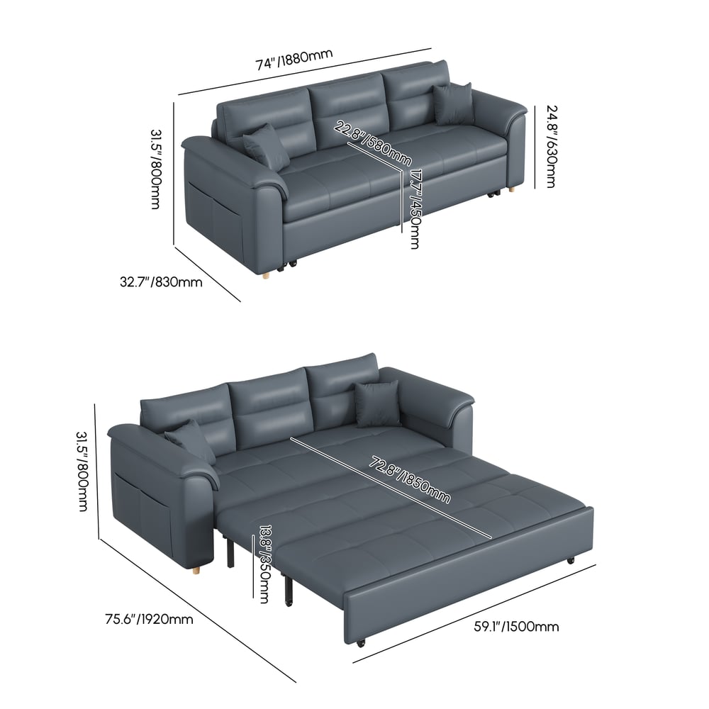 74" 2-Seater Leath-aire Sleeper Sofa weights dimensions image