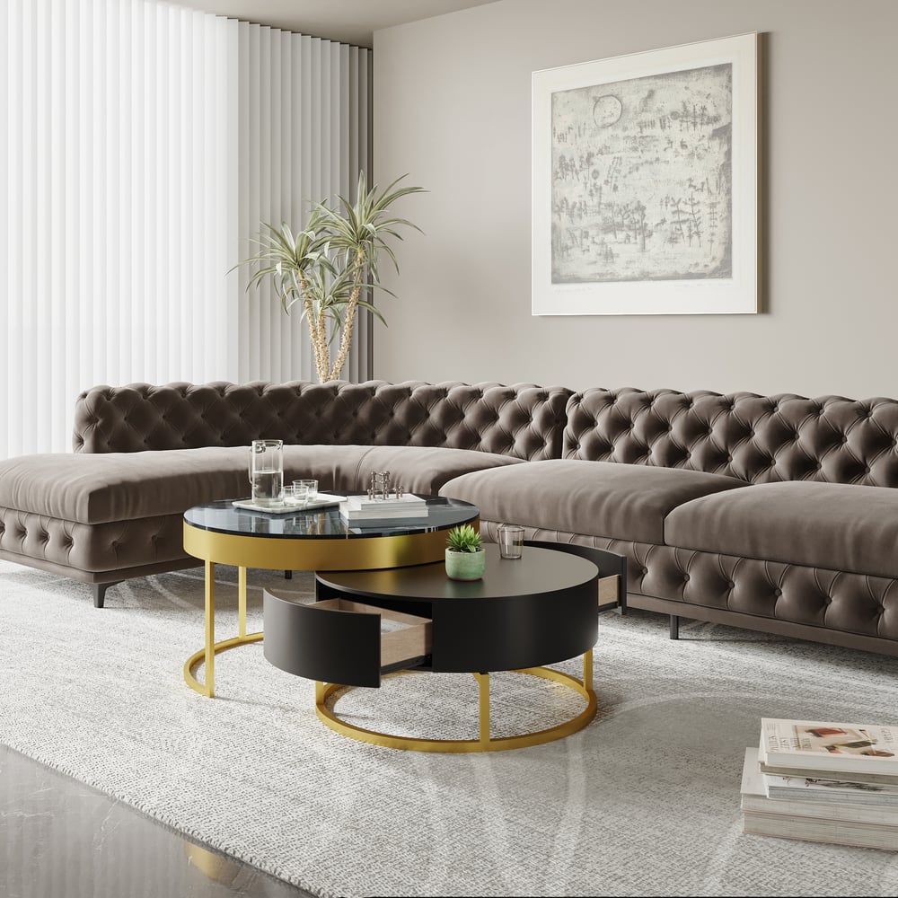 Customer Reviews for Nesnesis Modern Black Round Marble Veneer Nesting Wood Coffee Table with Storage