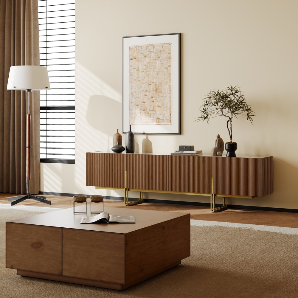 Avis Clients sur Meuble TV Grovyn avec plateau en grès fritté de 200 cm de couleur noyer