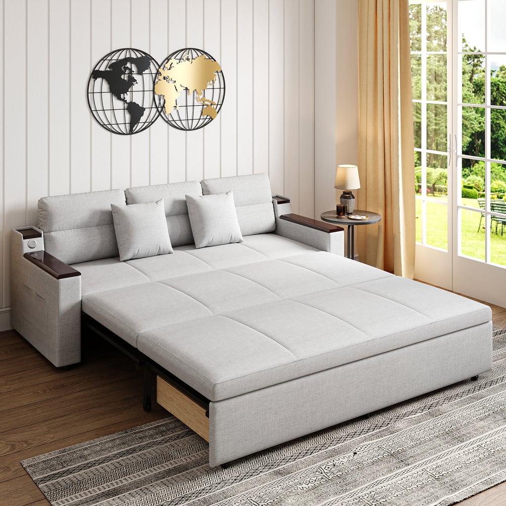 Avis Clients sur Canapé-lit convertible en lin gris avec rangement et poches latérales, 2100 mm