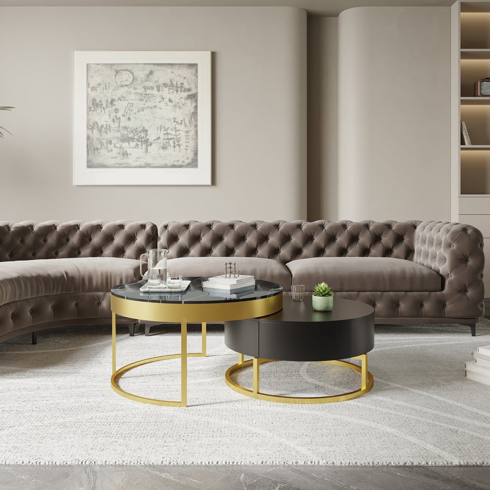 Customer Reviews for Nesnesis Modern Black Round Marble Veneer Nesting Wood Coffee Table with Storage