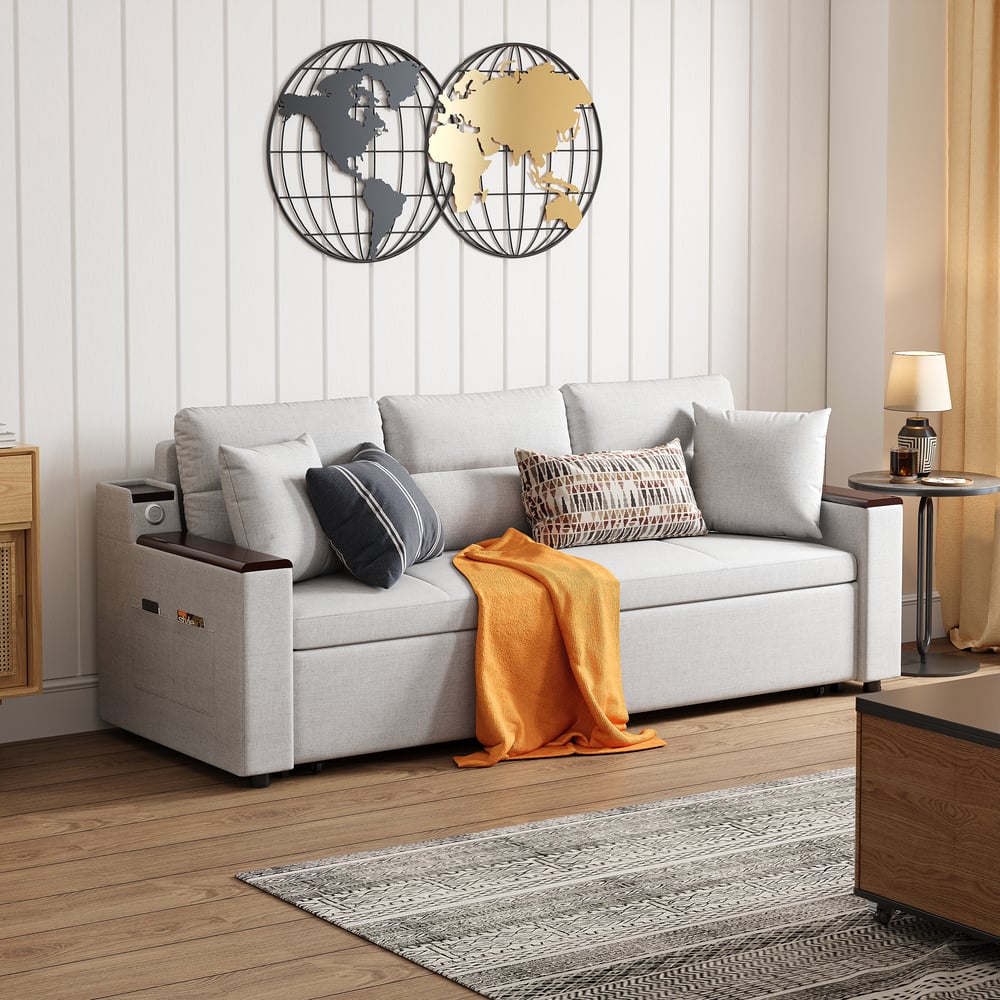 Avis Clients sur Canapé-lit convertible en lin gris avec rangement et poches latérales, 2100 mm