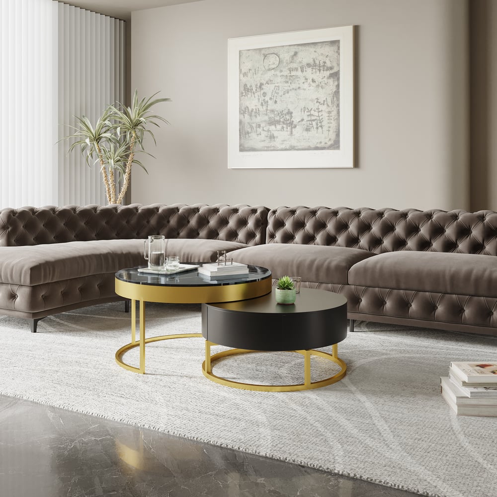 Customer Reviews for Nesnesis Modern Black Round Marble Veneer Nesting Wood Coffee Table with Storage