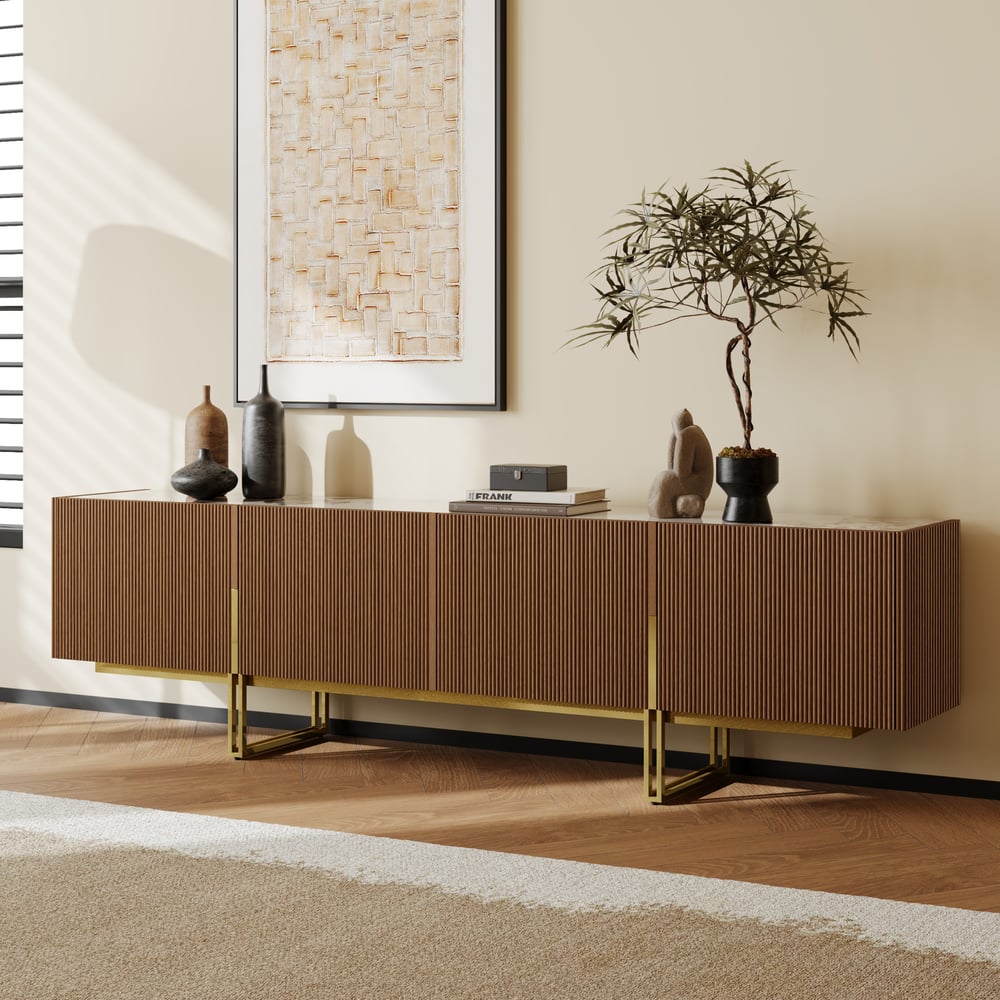 Avis Clients sur Meuble TV Grovyn avec plateau en grès fritté de 200 cm de couleur noyer