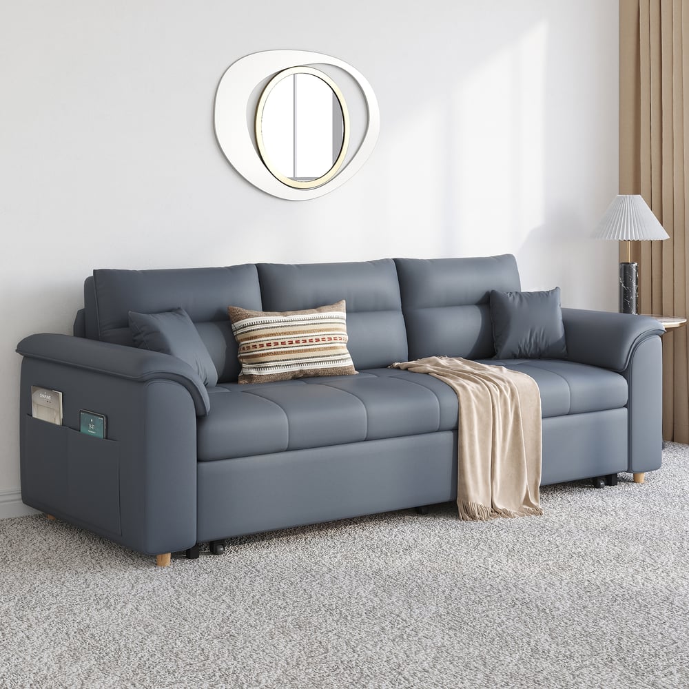 Perguntas e respostas para Sofá-cama conversível de 2 lugares em polipele com arrumação e bolsos laterais - cinzento escuro