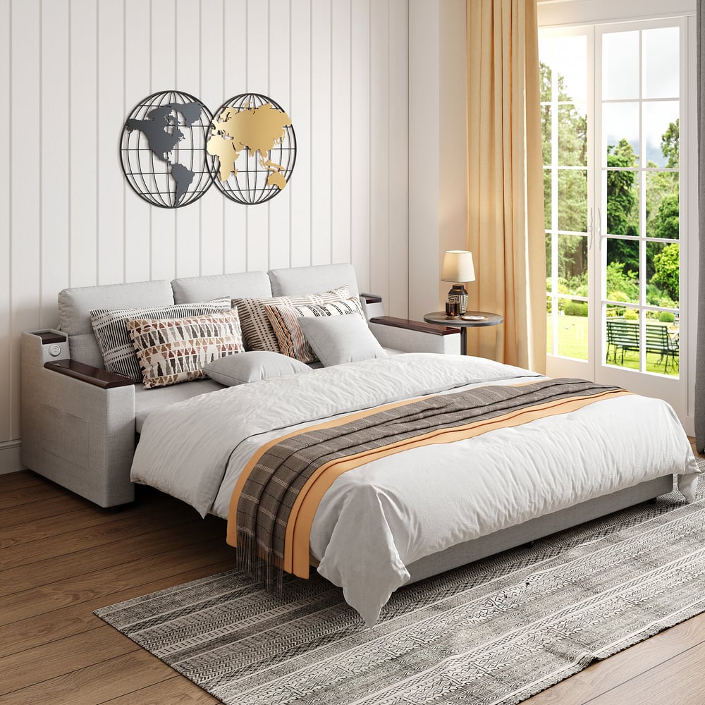 Avis Clients sur Canapé-lit convertible en lin gris avec rangement et poches latérales, 2100 mm