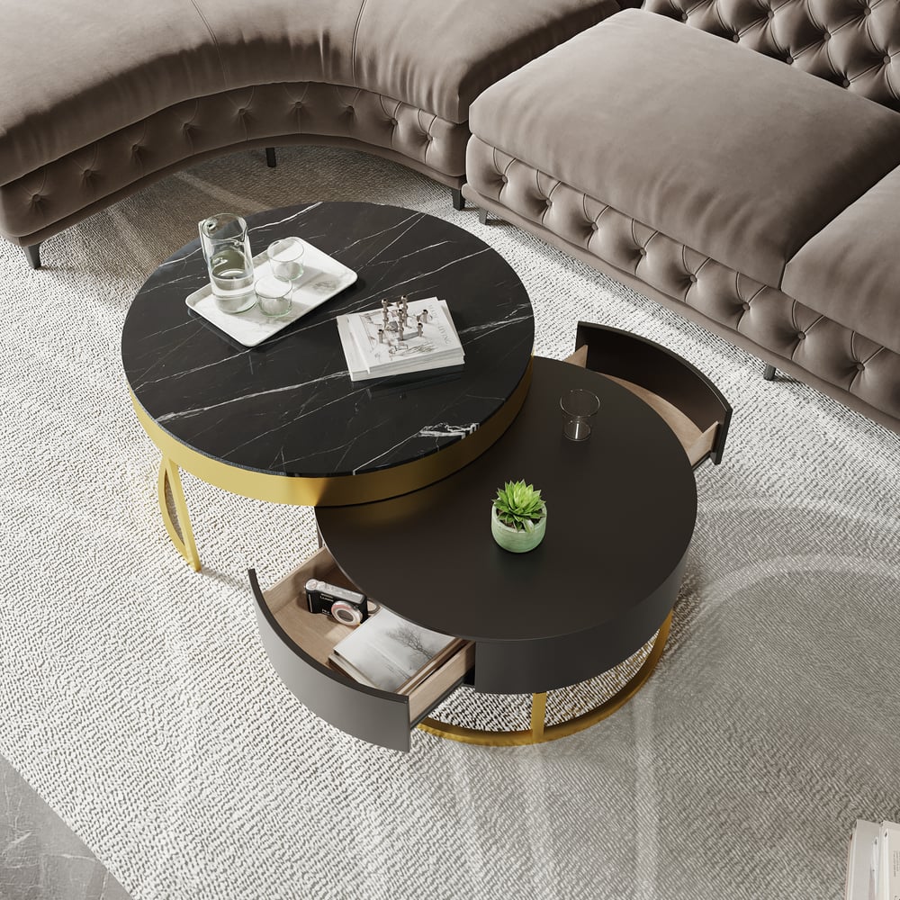 Customer Reviews for Nesnesis Modern Black Round Marble Veneer Nesting Wood Coffee Table with Storage
