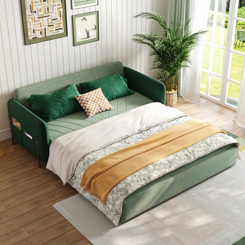Vragen en antwoorden voor Kingsize slaapbank Groene gestoffeerde converteerbare bank