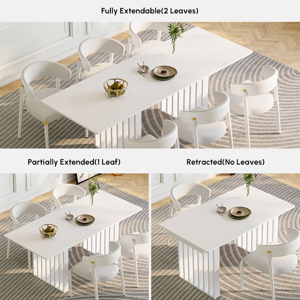 Klantrecensies voor Japandi uitschuifbare witgekalkte eettafel voor 4-8 personen, dubbel voetstuk