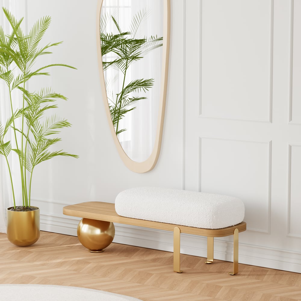 Domande e risposte per Panca da ingresso in legno bianco e oro rivestita in pile con gambe astratte in metallo