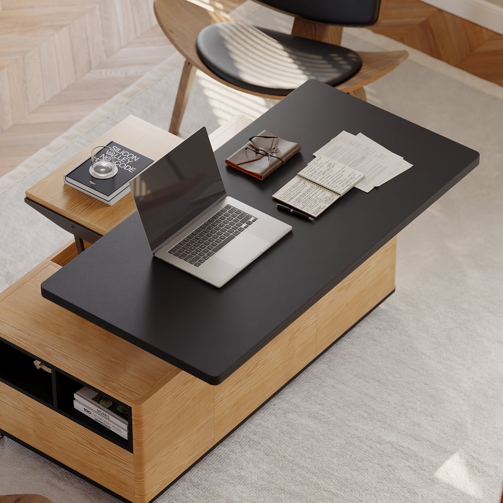 Questions and Answers for Modern multifunctional lifting coffee table with 3 drawers, in natural and black