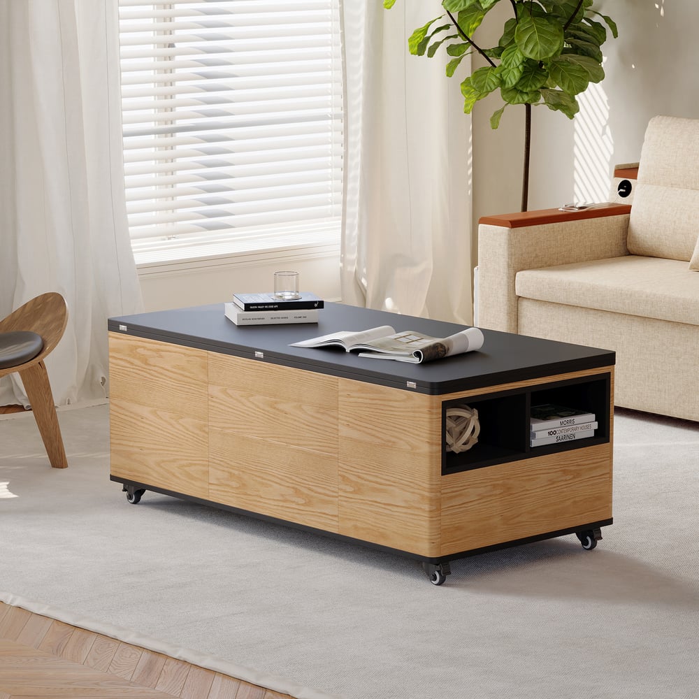 Questions and Answers for Modern multifunctional lifting coffee table with 3 drawers, in natural and black