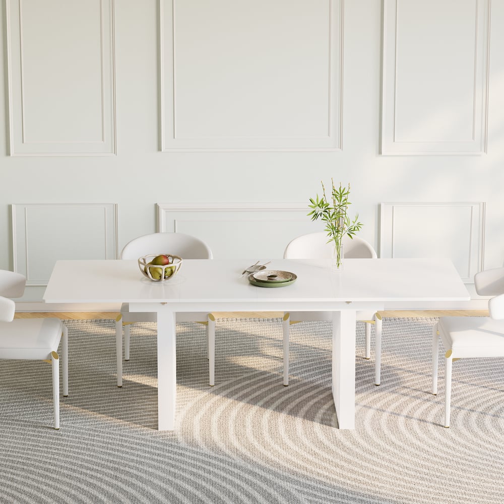 Klantrecensies voor Japandi uitschuifbare witgekalkte eettafel voor 4-8 personen, dubbel voetstuk