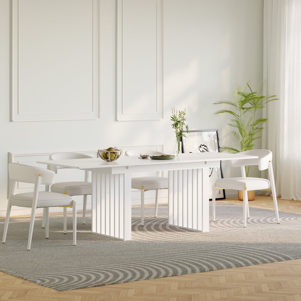 Klantrecensies voor Japandi uitschuifbare witgekalkte eettafel voor 4-8 personen, dubbel voetstuk