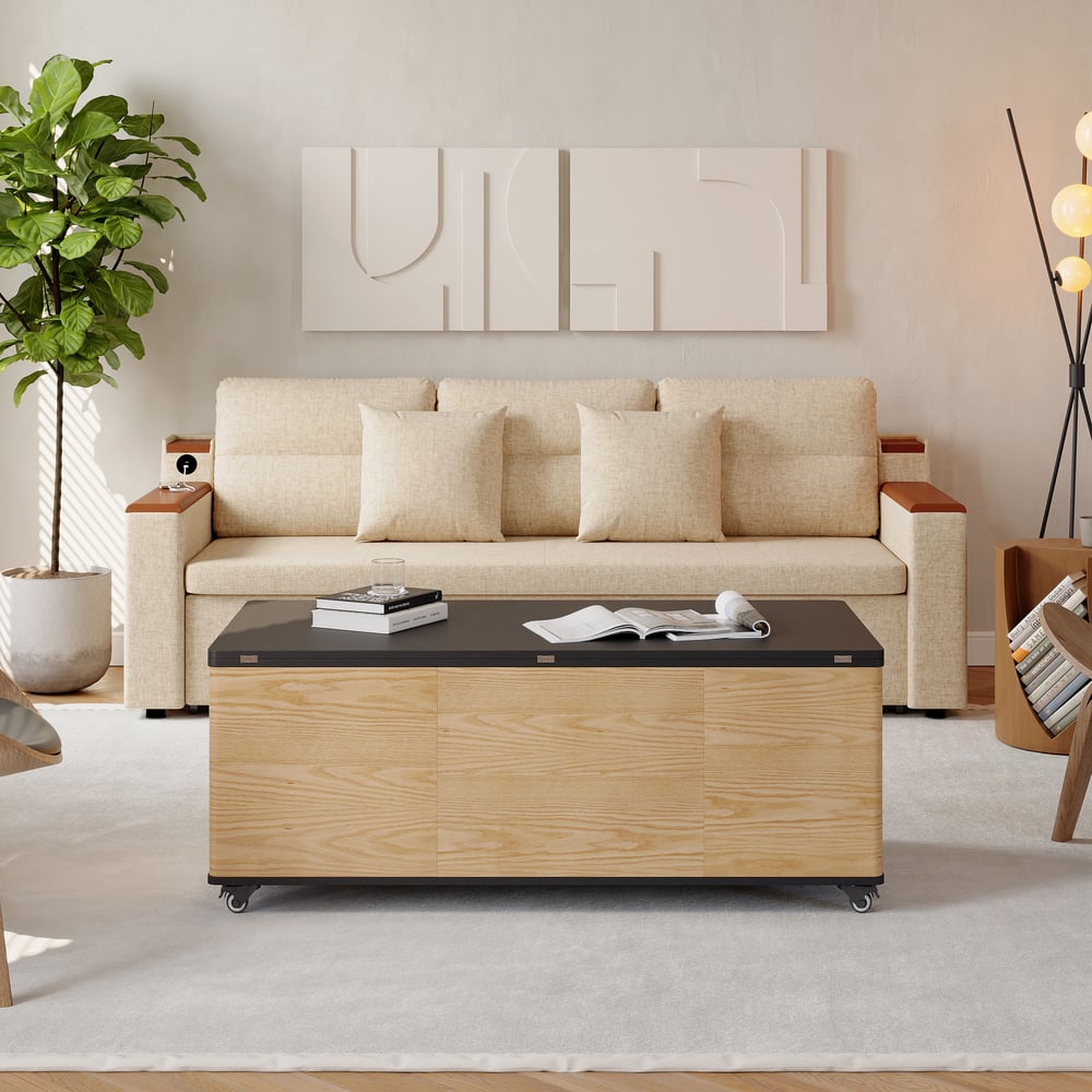 Questions and Answers for Modern multifunctional lifting coffee table with 3 drawers, in natural and black