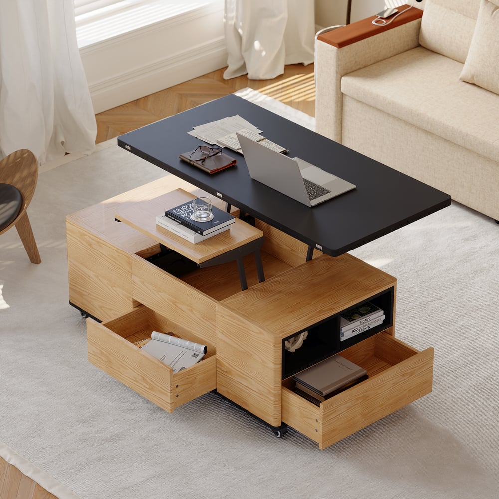 Questions and Answers for Modern multifunctional lifting coffee table with 3 drawers, in natural and black