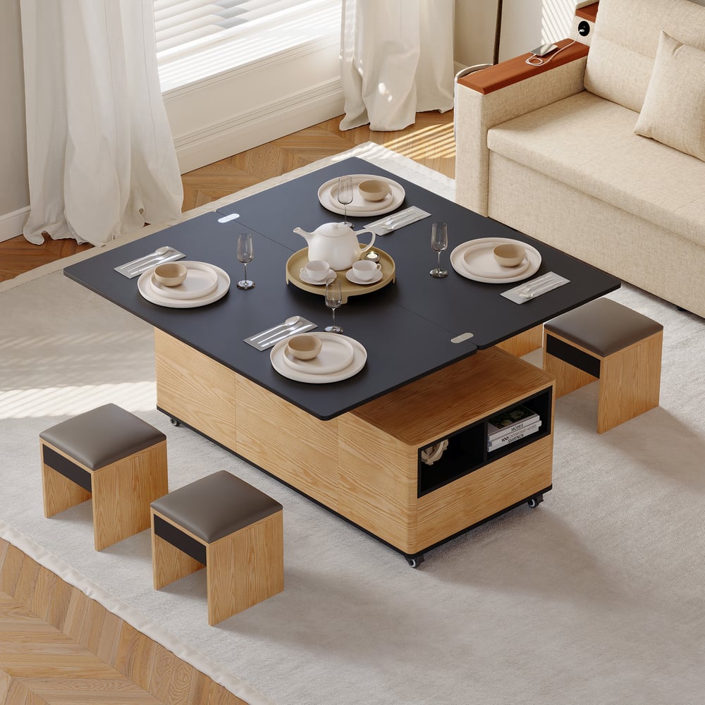 Vragen en antwoorden voor Moderne salontafel met lift, multifunctionele tafel met 3 laden in natuurlijk en zwart