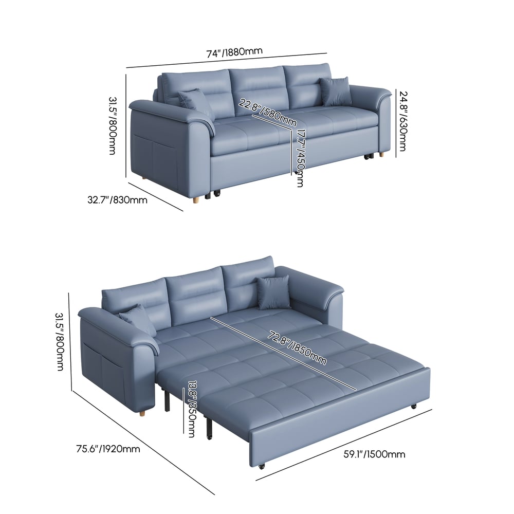 74" Queen 2-Seater Leath-aire Sleeper Sofa weights dimensions image