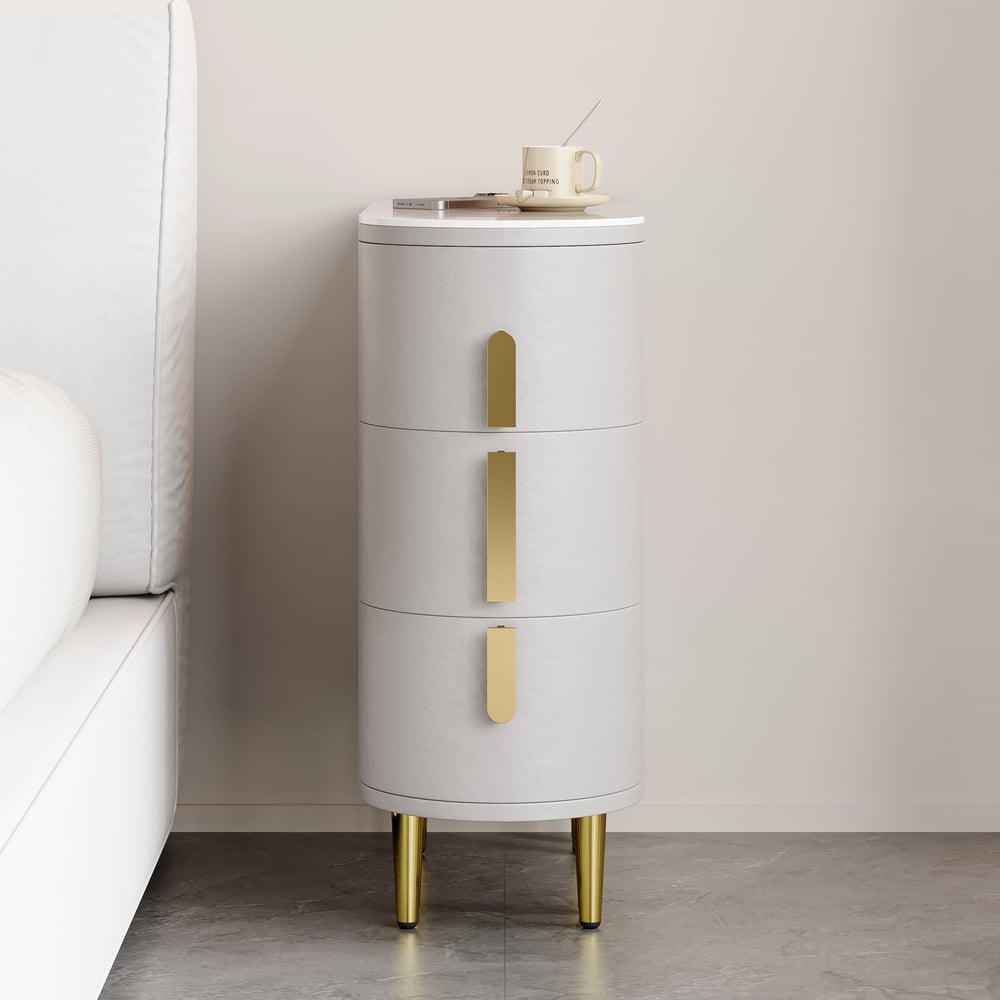 Otázky a odpovědi pro Úzký šedý kožený noční stolek se 3 zásuvkami ze slinutého kamene