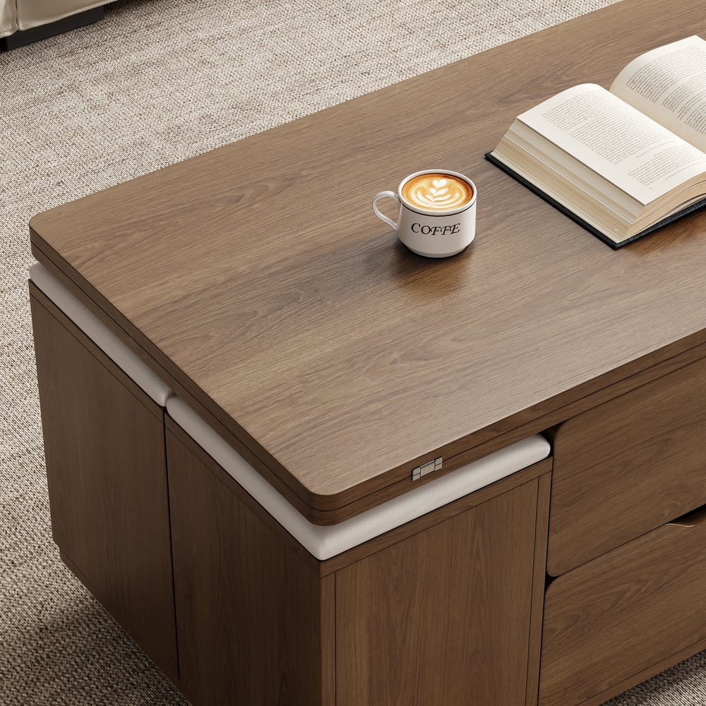 39" Lift-Top Foldable Walnut Coffee Table with 4 Stools & Storage