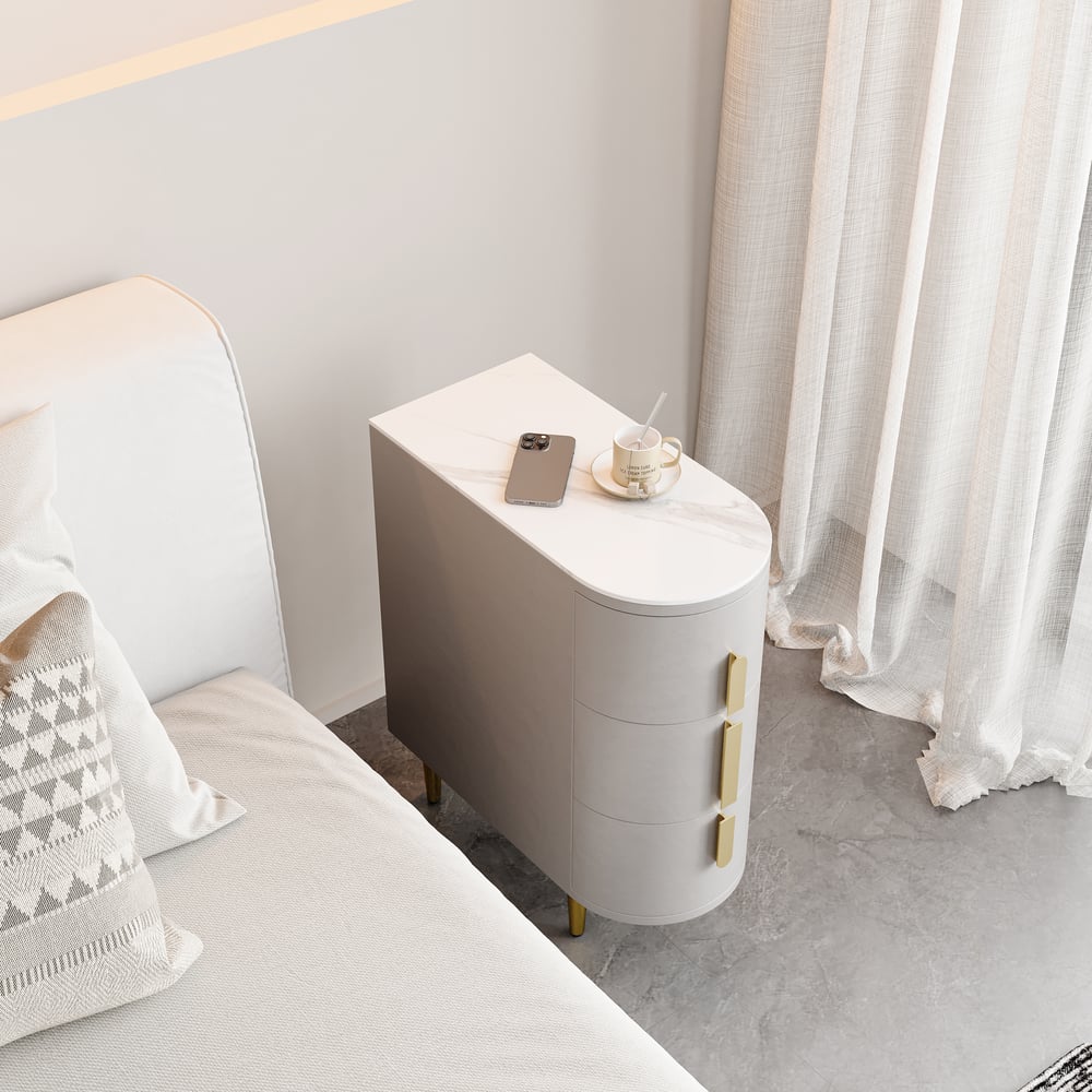 Otázky a odpovědi pro Úzký šedý kožený noční stolek se 3 zásuvkami ze slinutého kamene