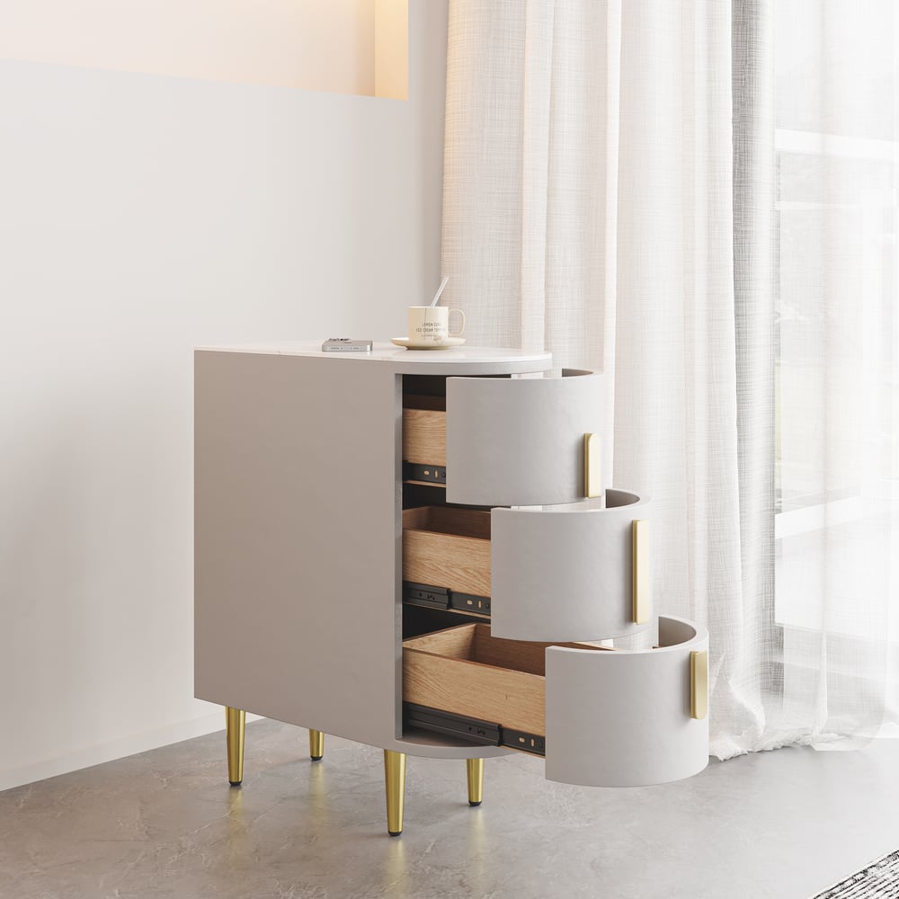 Otázky a odpovědi pro Úzký šedý kožený noční stolek se 3 zásuvkami ze slinutého kamene