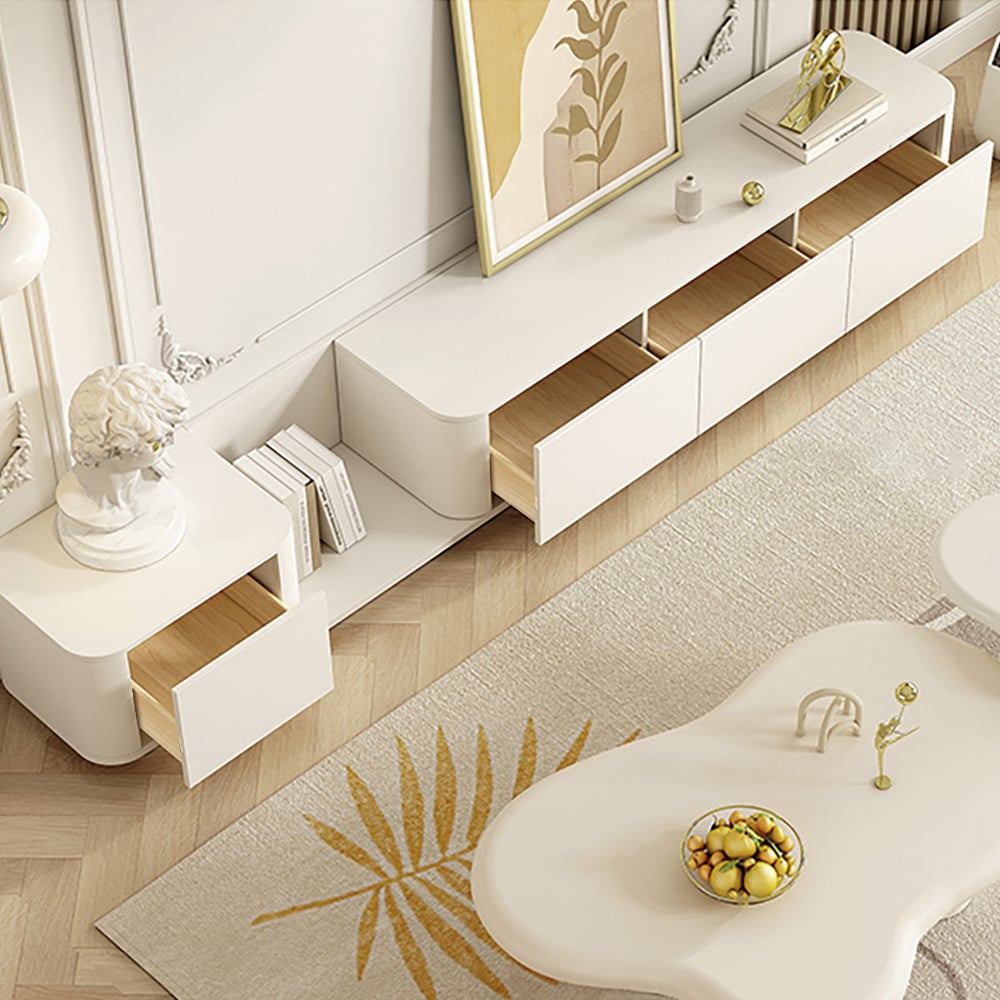 Kundenbewertungen für Ausziehbarer TV Lowboard aus Holzwerkstoff mit 4 Schubladen in Cremeweiß, 274 cm