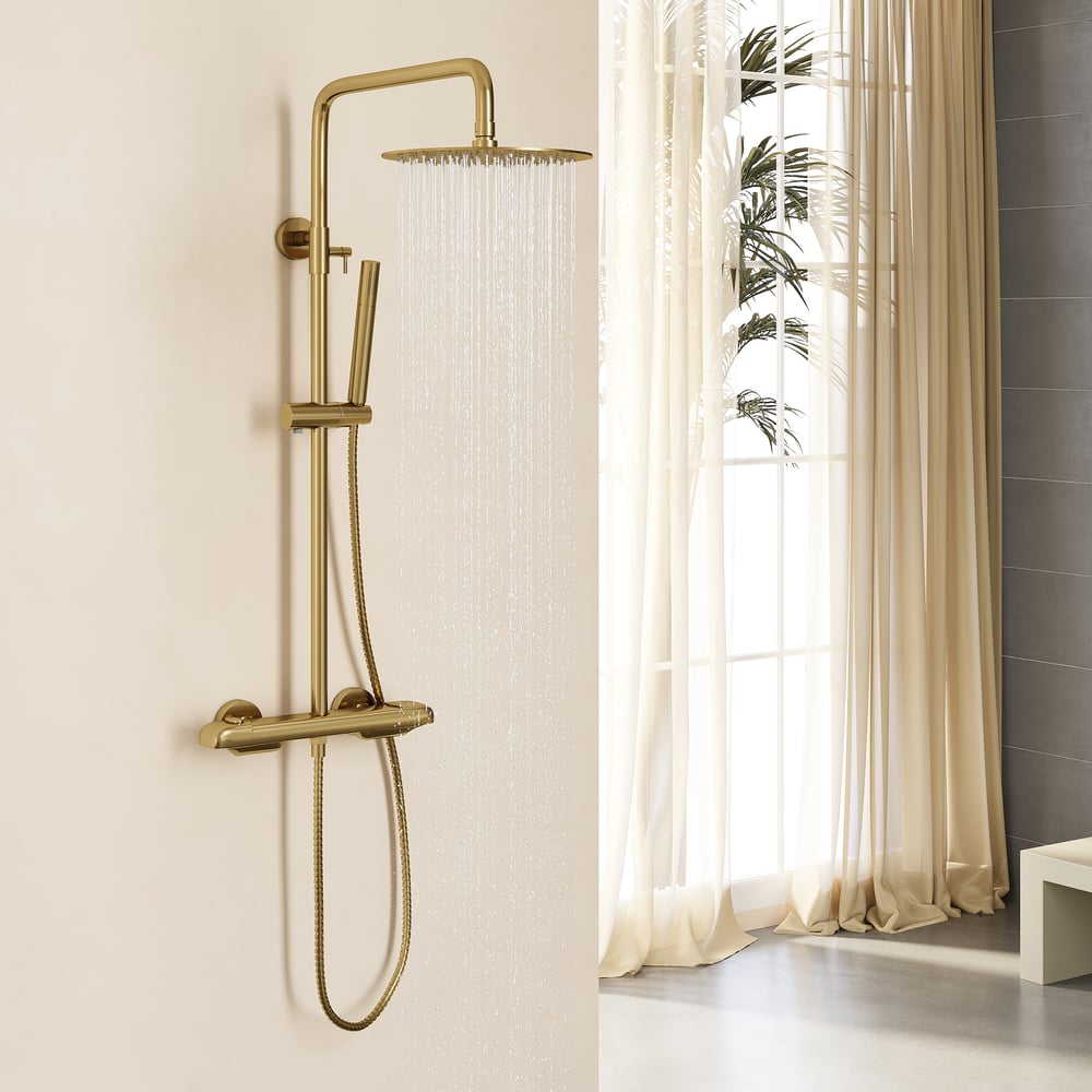 Domande e risposte per Soffione doccia a vista di lusso moderno da 10", termostatico, a pioggia, in oro spazzolato