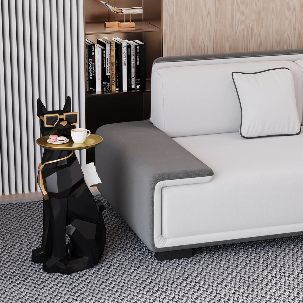 Questions and Answers for Dog Sculpture Resin Side Table with Tray Top & Tissue Box