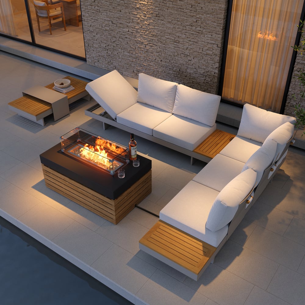 Questions and Answers for Tevara 5-Pieces Modular Teak Outdoor Sofa Set with Smokeless Fire Pit 6 Person in Warm White