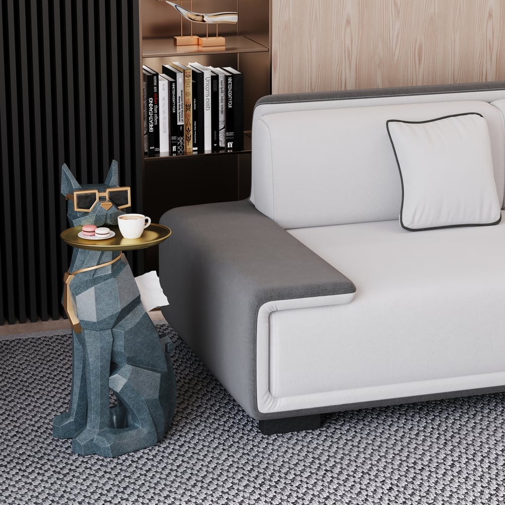 Pytania i odpowiedzi dla Stolik boczny z żywicy rzeźby dla psów z blatem i pudełkiem na chusteczki