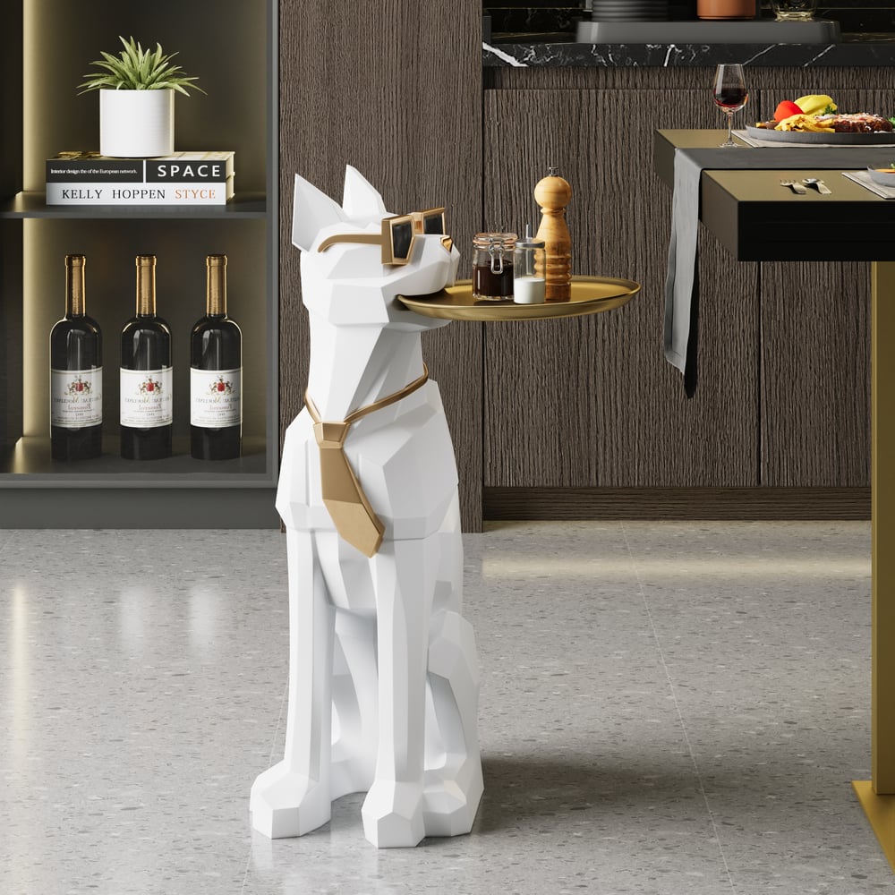 Questions et Réponses pour Table d'appoint moderne en résine blanche en forme de chien avec plateau et boîte à mouchoirs
