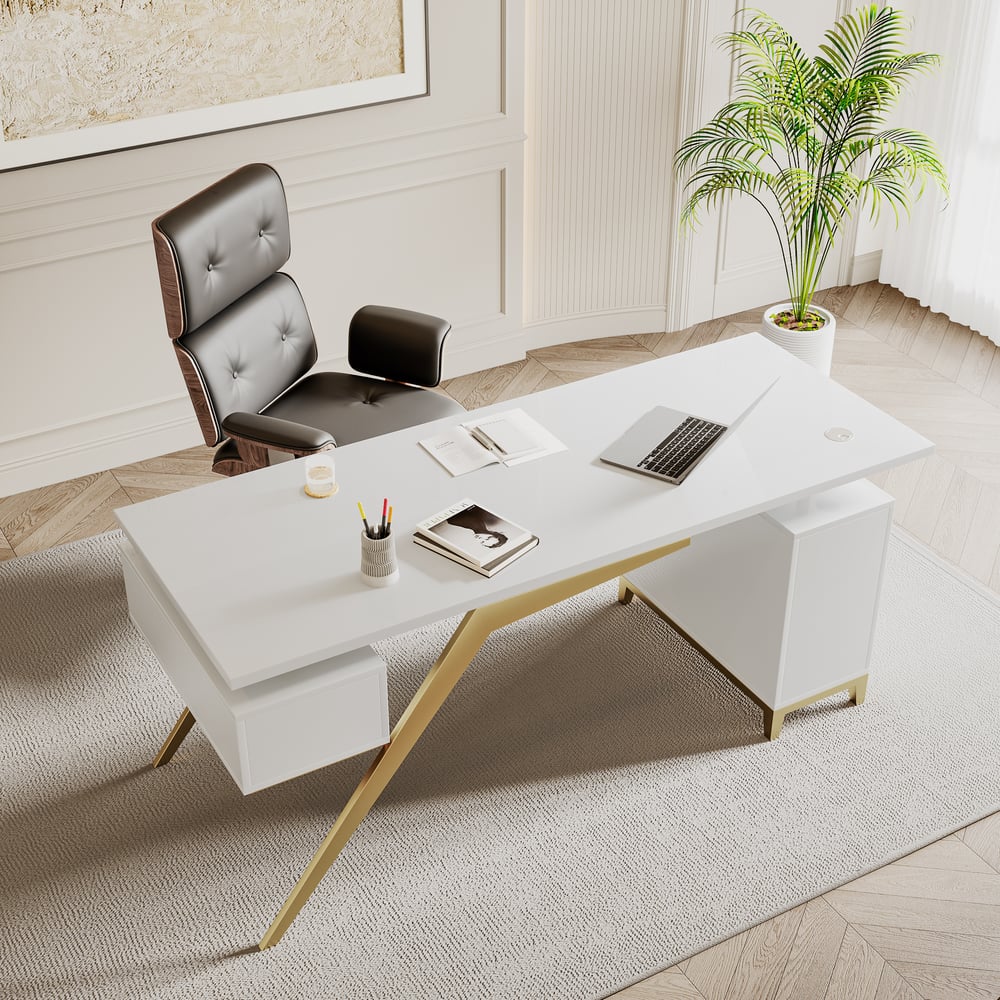 Questions et Réponses pour Hungled 1800mm Bureau Exécutif Moderne Noir et Doré avec Classeur de Rangement