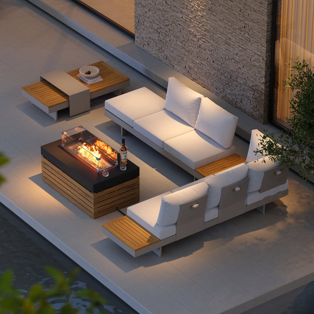 Questions and Answers for Tevara 5-Pieces Modular Teak Outdoor Sofa Set with Smokeless Fire Pit 6 Person in Warm White
