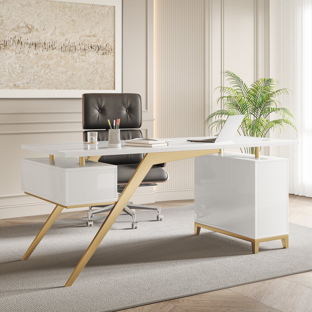 Questions et Réponses pour Hungled 1800mm Bureau Exécutif Moderne Noir et Doré avec Classeur de Rangement