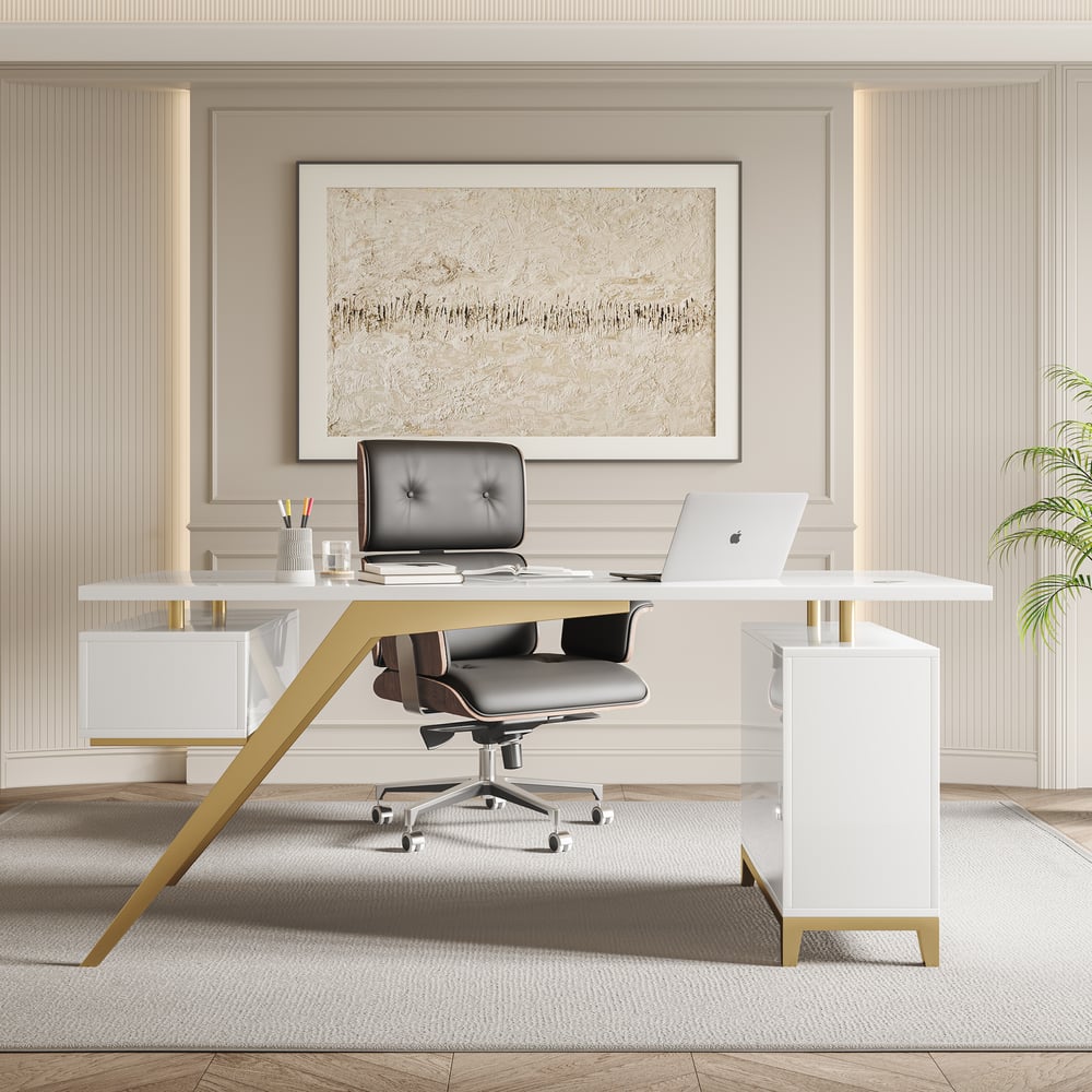 Questions et Réponses pour Hungled 1800mm Bureau Exécutif Moderne Noir et Doré avec Classeur de Rangement