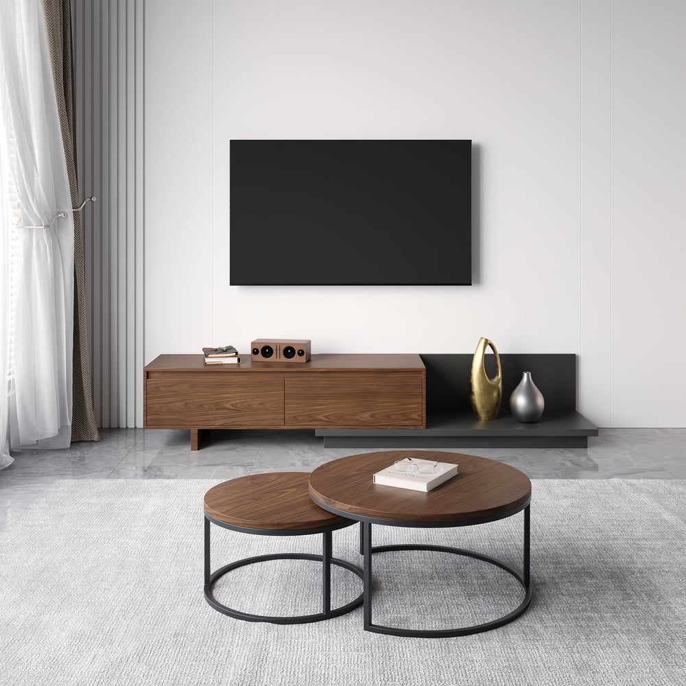 Vragen en antwoorden voor Fero TV lowboard- en salontafelset, uitschuifbaar van 1200 mm tot 1800 mm